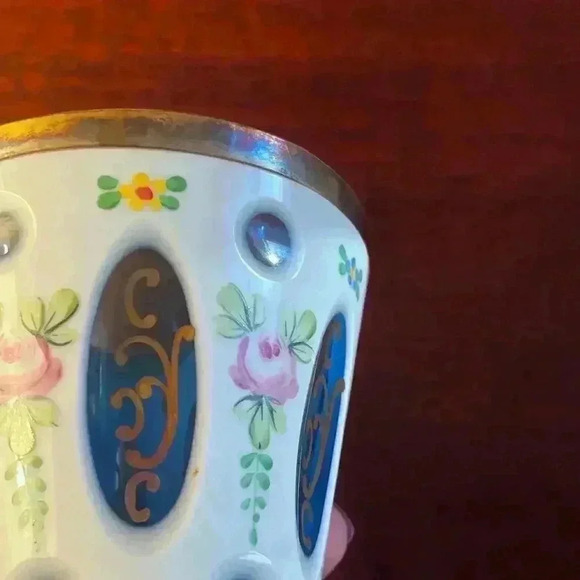 Bohemia Czech Table Vase white clear cut to blue glass design Pokal Goblet Vase - Picture 8 of 9